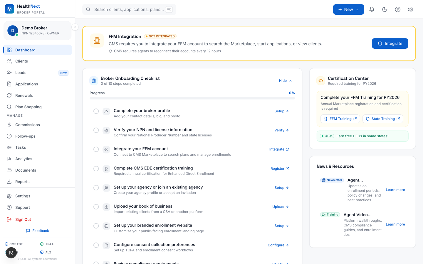 MarketLink broker dashboard with FFM integration and onboarding checklist